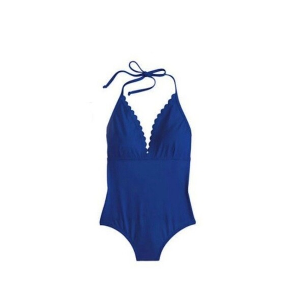 J. Crew Women Scalloped Halter One-Piece Cobalt Blue Swimsuit Sz‎ 10 - Picture 1 of 9